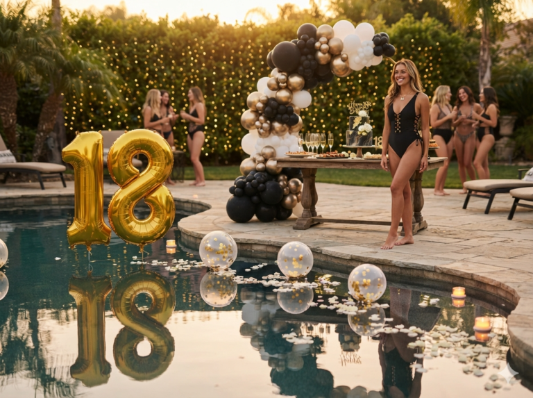 Birthday girl in a stunning swimsuit standing beside her cake and smiling at her 18th Birthday Pool Party