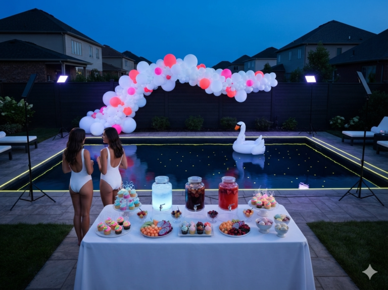 Backyard glow pool party at dusk with a white and neon balloon garland, glowing drinks, and a float lit by UV black lights