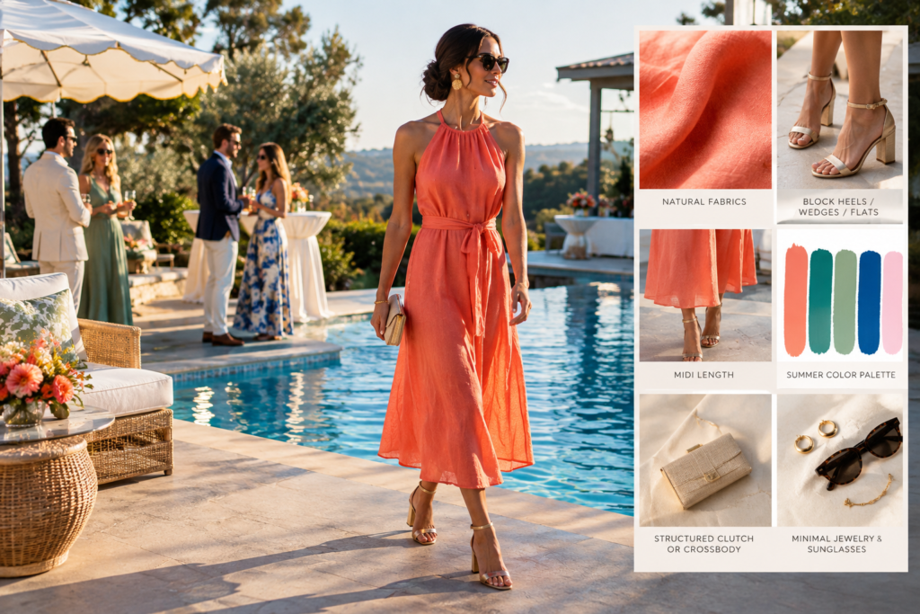 A woman wearing a wedding pool party outfit that is perfect for a Poolside Cocktail Reception