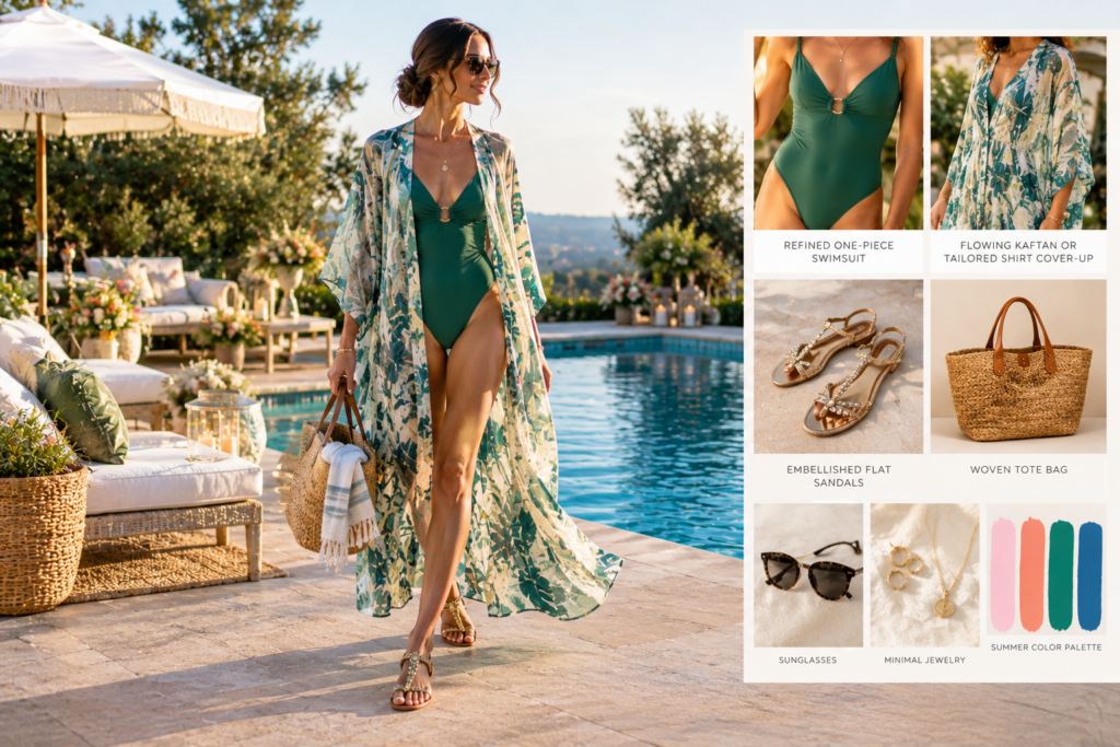 A woman wearing a wedding pool party outfit that is perfect for a Casual Wedding Pool Party