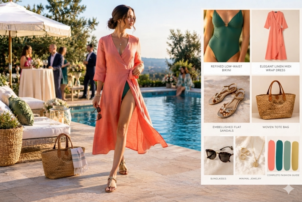 A woman wearing a wedding pool party outfit that is perfect for a Dual-Format Wedding Pool Party