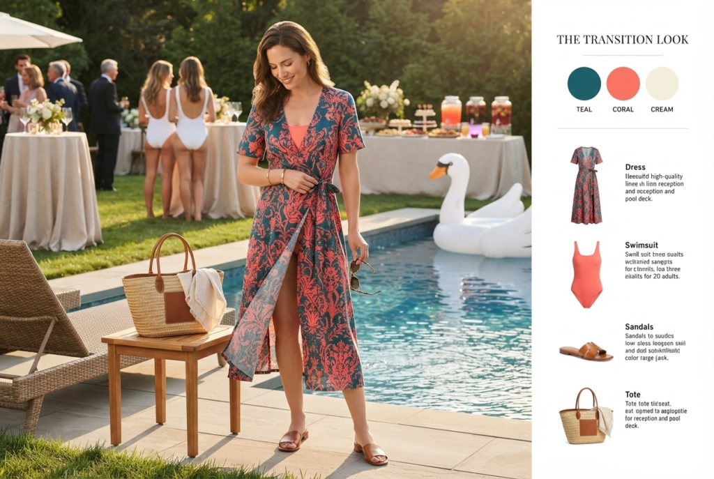 A woman wearing a wedding pool party outfit that is perfect for any Wedding Pool Party