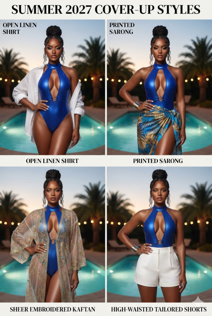 A black model showcasing four pool party cover-ups: open linen shirt, sarong, kaftan and high-waisted swim shorts.