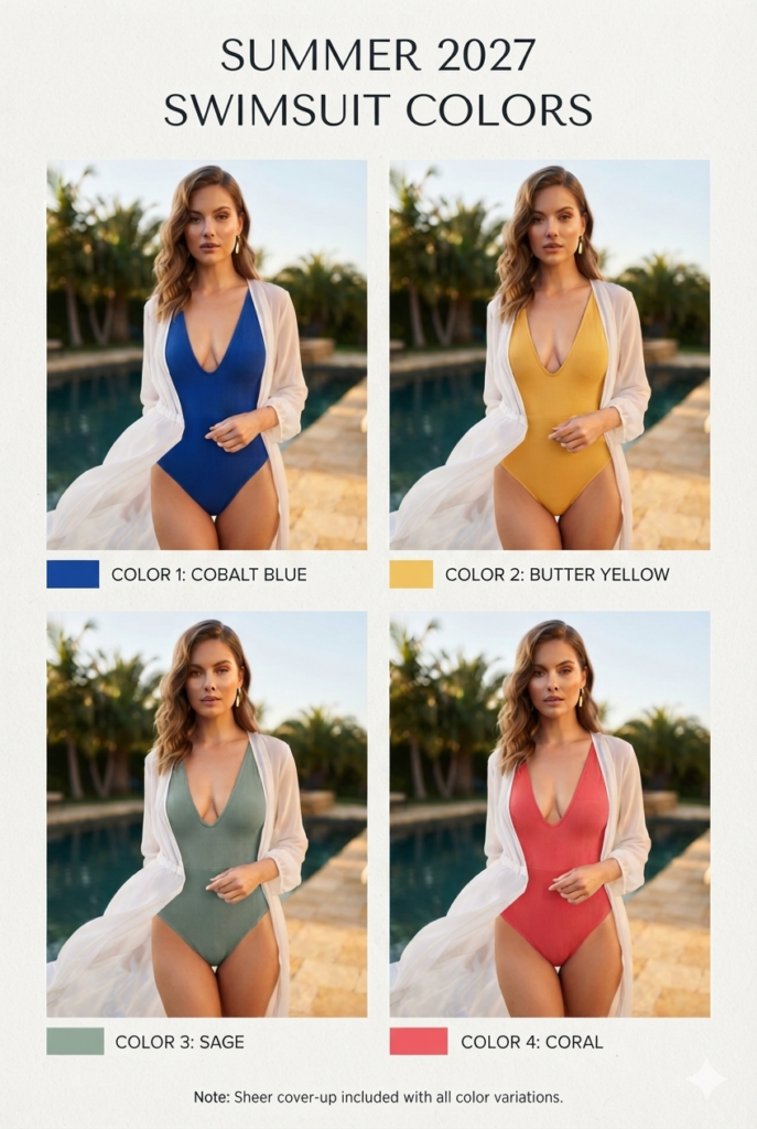 Summer 2027 pool party outfit color palette with Pantone and WGSN shades: cobalt blue, coral, butter yellow, and sage.