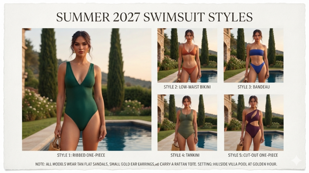 Illustrated guide to pool party swimsuit styles: ribbed one-piece, bikini, bandeau, tankini and cut-out one-piece.